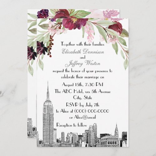 NYC Skyline ESB Etch Burgundy Pink Floral Wedding Invitation