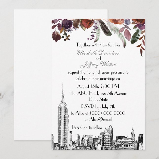 NYC Skyline ESB Etch Burgundy Plum Floral Wedding Invitation (Front/Back)