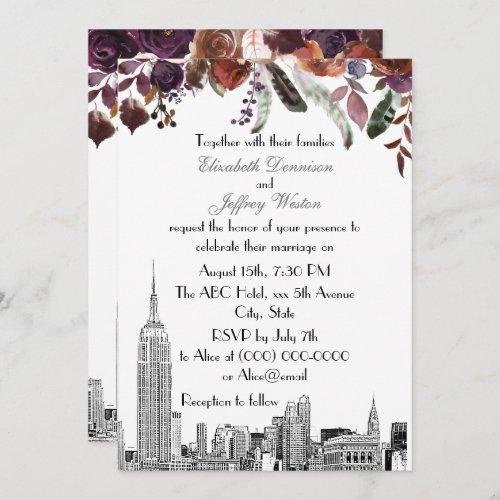 NYC Skyline ESB Etch Burgundy Plum Floral Wedding Invitation