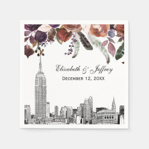 NYC Skyline ESB Etch Burgundy Plum Floral Wedding Napkins
