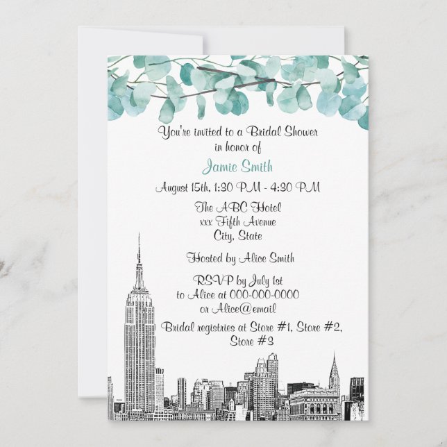 NYC Skyline ESB Etch Eucalyptus Bridal Shower Invitation (Front)