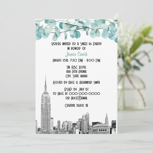 NYC Skyline ESB Etch Eucalyptus Sweet 16 Invitation