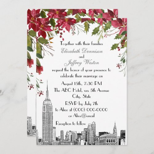 NYC Skyline ESB Etch Holly Poinsettia Wedding Invitation