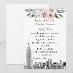 NYC Skyline ESB Etch Lt Pink Gray  Floral Wedding Invitation