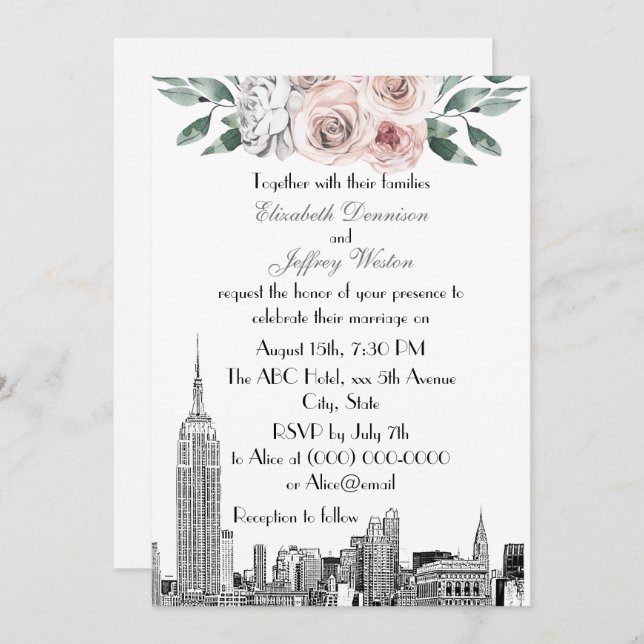 NYC Skyline ESB Etch Lt Pink Gray  Floral Wedding Invitation (Front/Back)