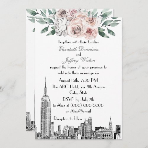 NYC Skyline ESB Etch Lt Pink Gray  Floral Wedding Invitation