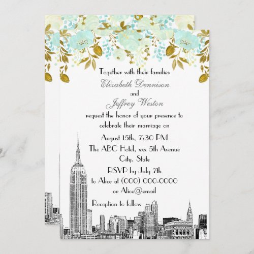 NYC Skyline ESB Etch Mint Gold Floral Wedding Invitation