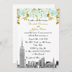 NYC Skyline ESB Etch Mint Gold Floral Wedding Invitation