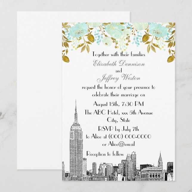 NYC Skyline ESB Etch Mint Gold Floral Wedding Invitation (Front/Back)