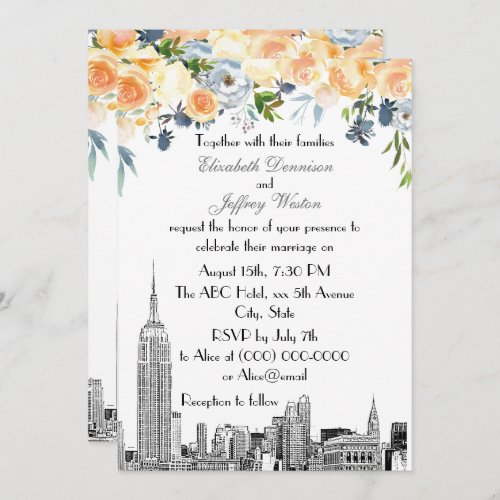NYC Skyline ESB Etch Peach Blues Floral Wedding Invitation