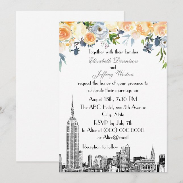 NYC Skyline ESB Etch Peach Blues Floral Wedding Invitation (Front/Back)