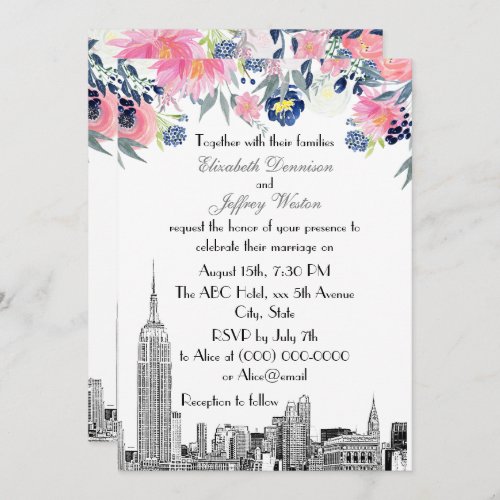 NYC Skyline ESB Etch Pink Blue Floral Wedding Invitation