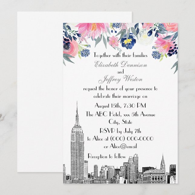 NYC Skyline ESB Etch Pink Blue Floral Wedding Invitation (Front/Back)