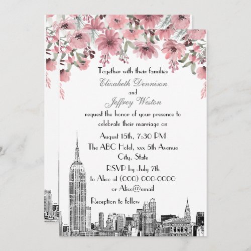 NYC Skyline ESB Etch Pink Floral Wedding Invitation