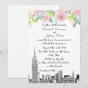 NYC Skyline ESB Etch Pink Ranunculus Flowr Wedding Invitation
