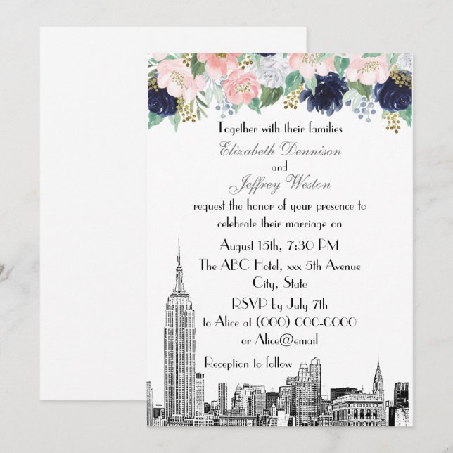 NYC Skyline ESB Etch Pink Wht Blue Gold Floral Invitation (Front/Back)