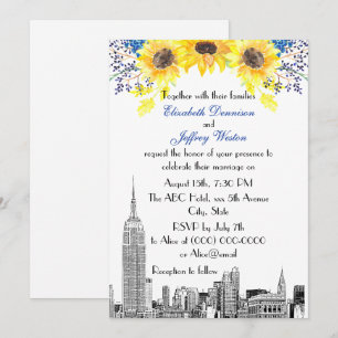 NYC Skyline ESB Etch Sunflower #2 Floral Wedding Invitation