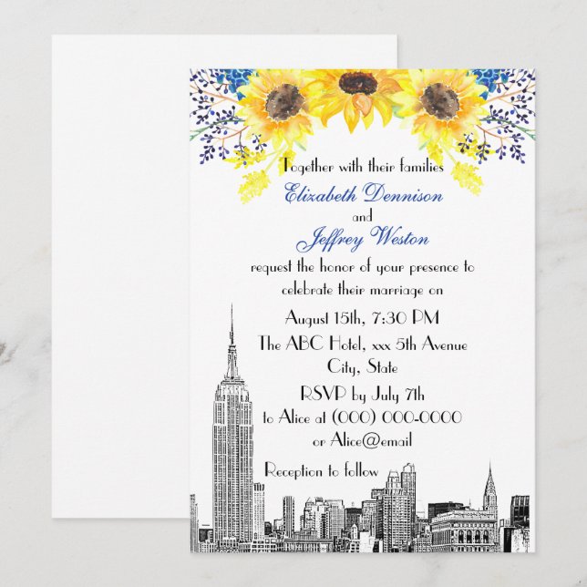 NYC Skyline ESB Etch Sunflower #2 Floral Wedding Invitation (Front/Back)