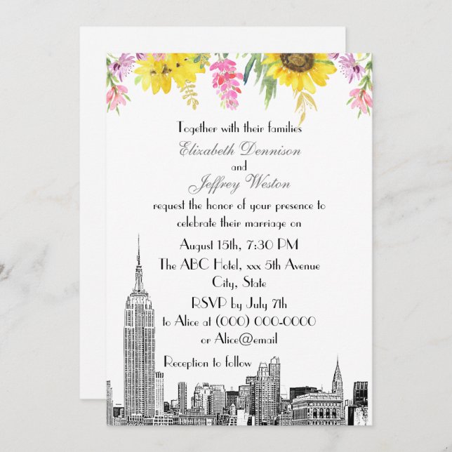 NYC Skyline ESB Etch Sunflower Pink Flower Wedding Invitation (Front/Back)