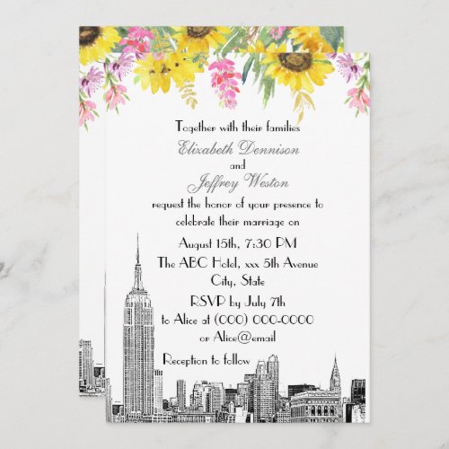 NYC Skyline ESB Etch Sunflower Pink Flower Wedding Invitation