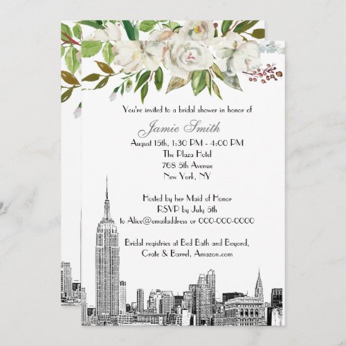 NYC Skyline ESB Etch White Floral Bridal Shower Invitation