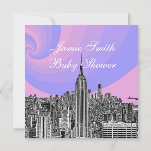 NYC Skyline ESB Pink Blue Swirl Baby Shower Invitation
