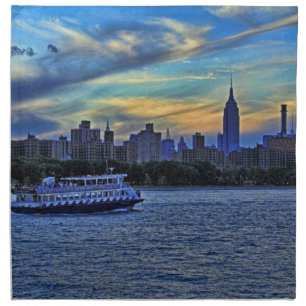 NYC Skyline: ESB, Smokestacks & Boat, Twilight Sky Napkin