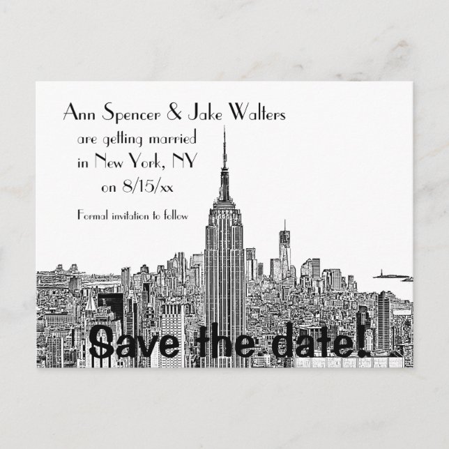 NYC Skyline ESB Top o the Rock Etch Save Date 2 Announcement Postcard (Front)