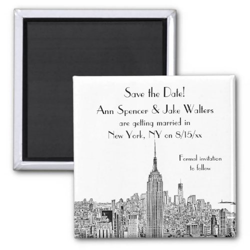 NYC Skyline ESB Top of the Rock Etch Save the Date Magnet