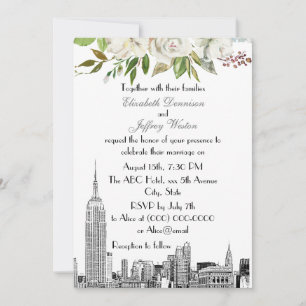 NYC Skyline ESB White Floral Watercolor Wedding #2 Invitation