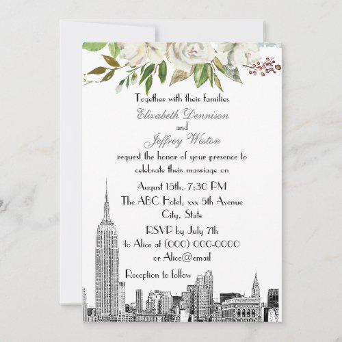 NYC Skyline ESB White Floral Watercolor Wedding 2 Invitation