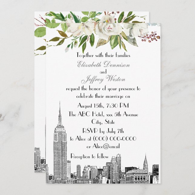 NYC Skyline ESB White Floral Watercolor Wedding Invitation (Front/Back)