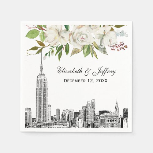 NYC Skyline ESB White Floral Watercolor Wedding Napkins