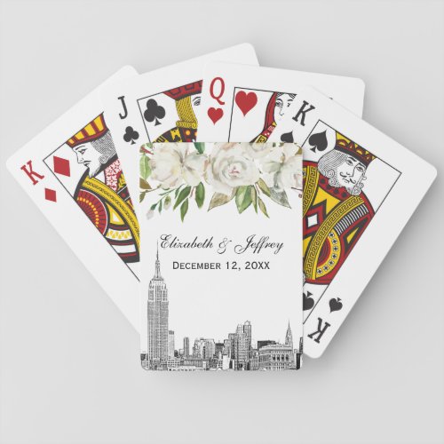 NYC Skyline ESB White Floral Watercolor Wedding Poker Cards