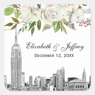 NYC Skyline ESB White Floral Watercolor Wedding Square Sticker