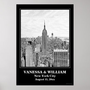 NYC Skyline ESB WTC Etch BW Wedding Poster