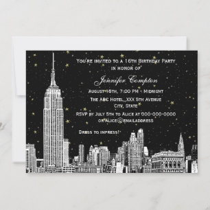 NYC Skyline Etch Starry DIY BG Color SQ Sweet 16 H Invitation