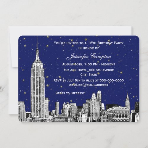 NYC Skyline Etch Starry Navy BG SQ Sweet 16 H Invitation