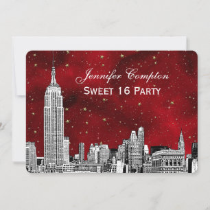 NYC Skyline Etch Starry Red BG SQ Sweet 16 H Invitation