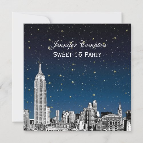 NYC Skyline Etch Starry Sunset BG SQ Sweet 16 H Invitation