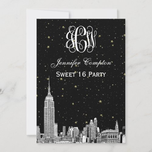 NYC Skyline Etchd Starry Vine Font DIY BG Sweet 16 Invitation