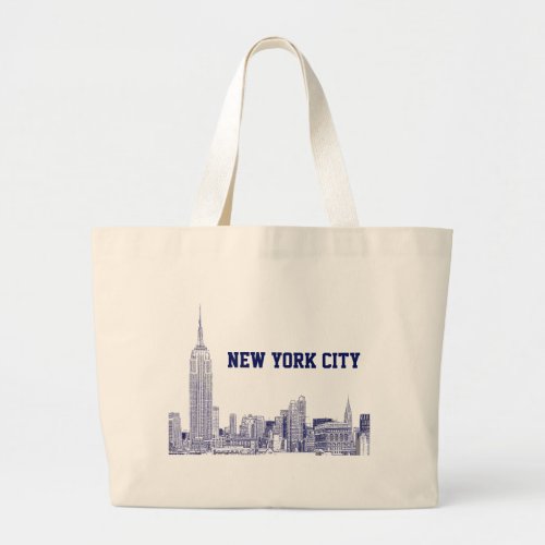 NYC Skyline Etched 01 Blue Large Tote Bag