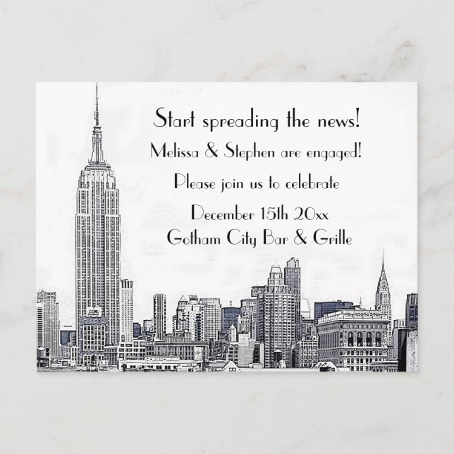 NYC Skyline Etched 01 Engagement Party #2 Invitation Postcard (Front)
