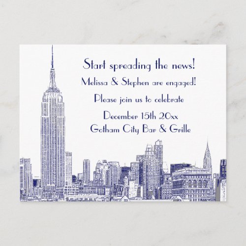NYC Skyline Etched 01 Engagement Party Blue Invitation Postcard