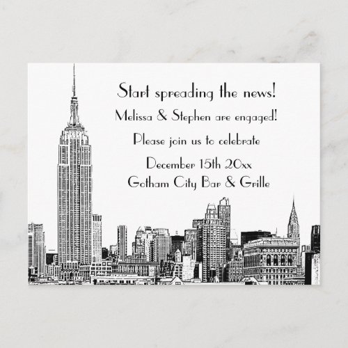 NYC Skyline Etched 01 Engagement Party Invitation Postcard
