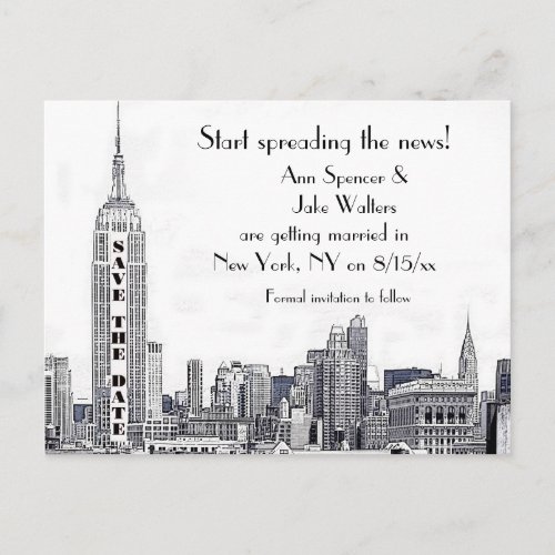 NYC Skyline Etched 01 Save the Date Announcement Postcard