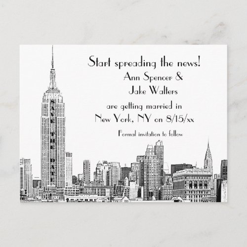 NYC Skyline Etched 01B Save the Date Announcement Postcard