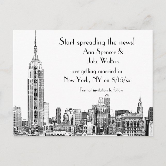 NYC Skyline Etched 01B Save the Date Announcement Postcard (Front)