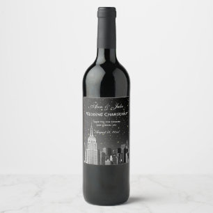 NYC Skyline Etched #2 Starry Black Gradient BG Wine Label