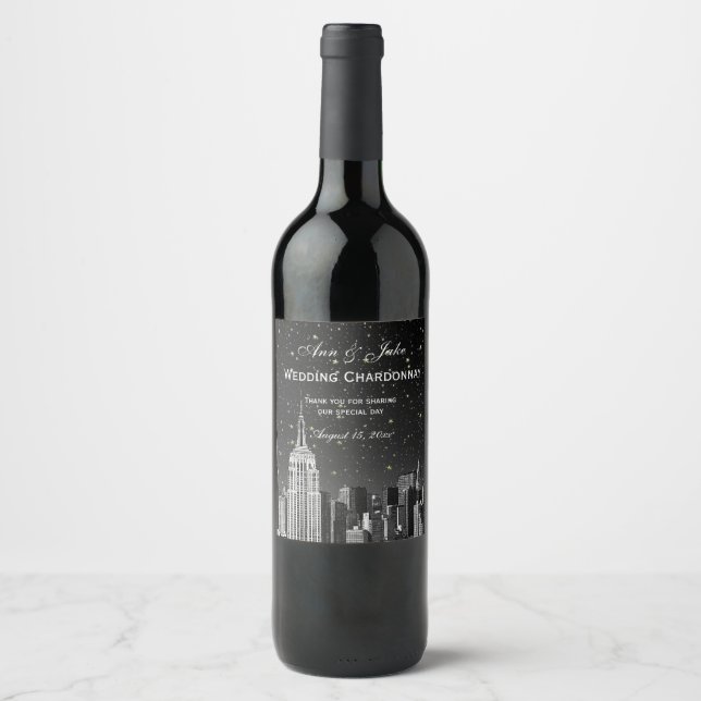 NYC Skyline Etched #2 Starry Black Gradient BG Wine Label (Front)